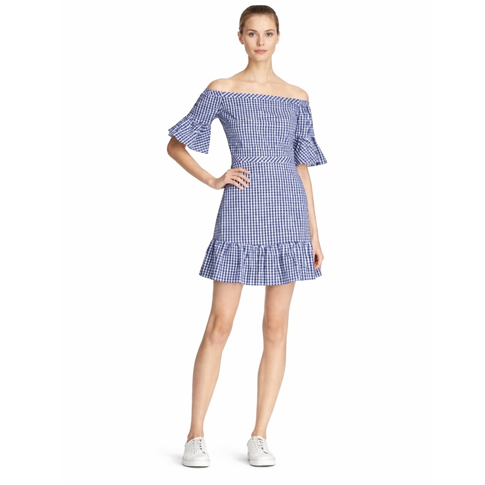 Lucy Paris Off-Shoulder Gingham Dress Navy White Ruffle Hem Size M (Fits S)